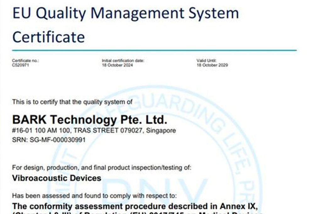 The BARK Technology team is happy to inform you that our product VibroLUNG has received the certificate of conformity with the General Safety and Performance Requirements (GSPR)